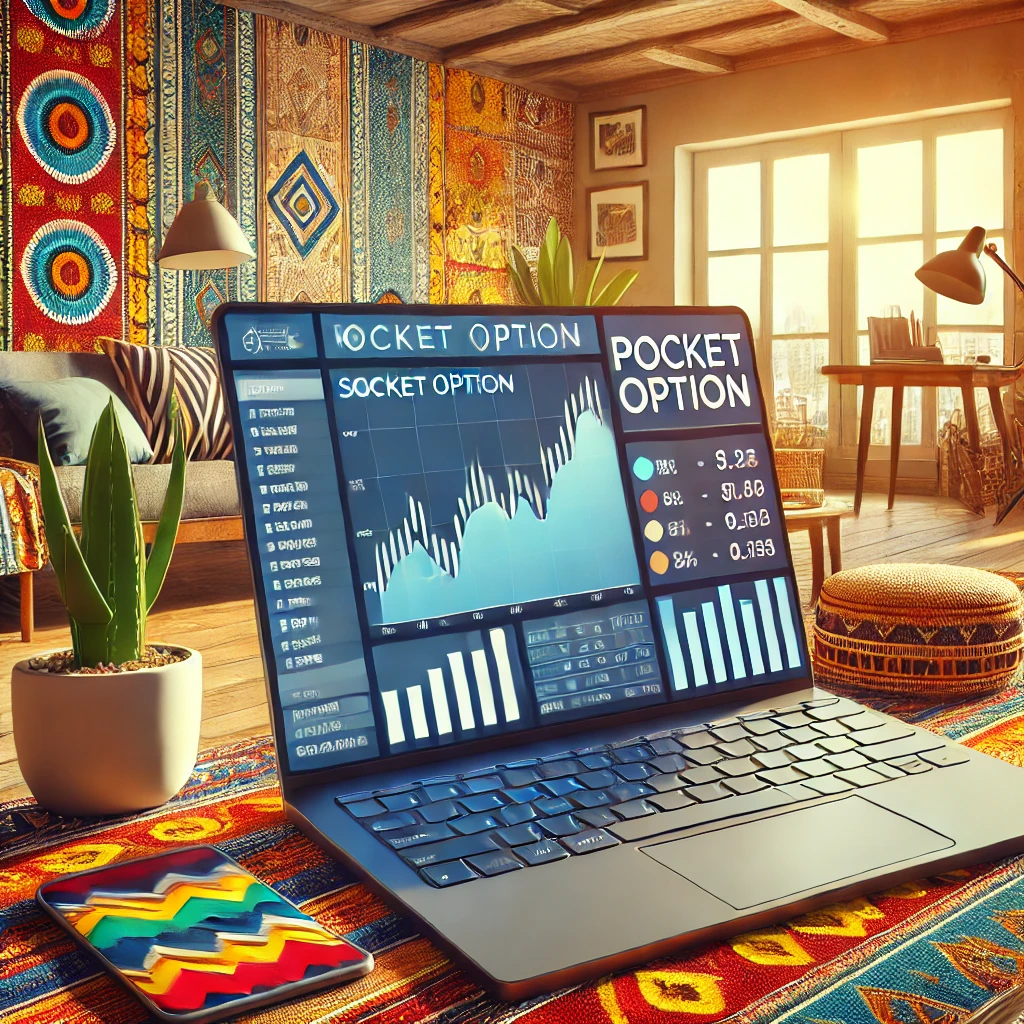 Dall E 2024 12 08 01.00.58 A Modern Digital Illustration Of A Senegalese Trader Using The Pocket Option Platform On A Laptop Set In A Cozy Vibrant Home Office Environment. The