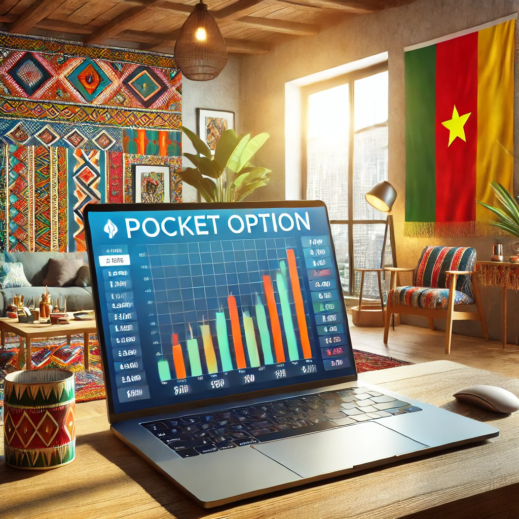 Dall E 2024 12 08 01.24.20 A Modern Digital Illustration Of A Cameroonian Trader Using The Pocket Option Platform On A Laptop Set In A Vibrant Well Decorated Home Office. The