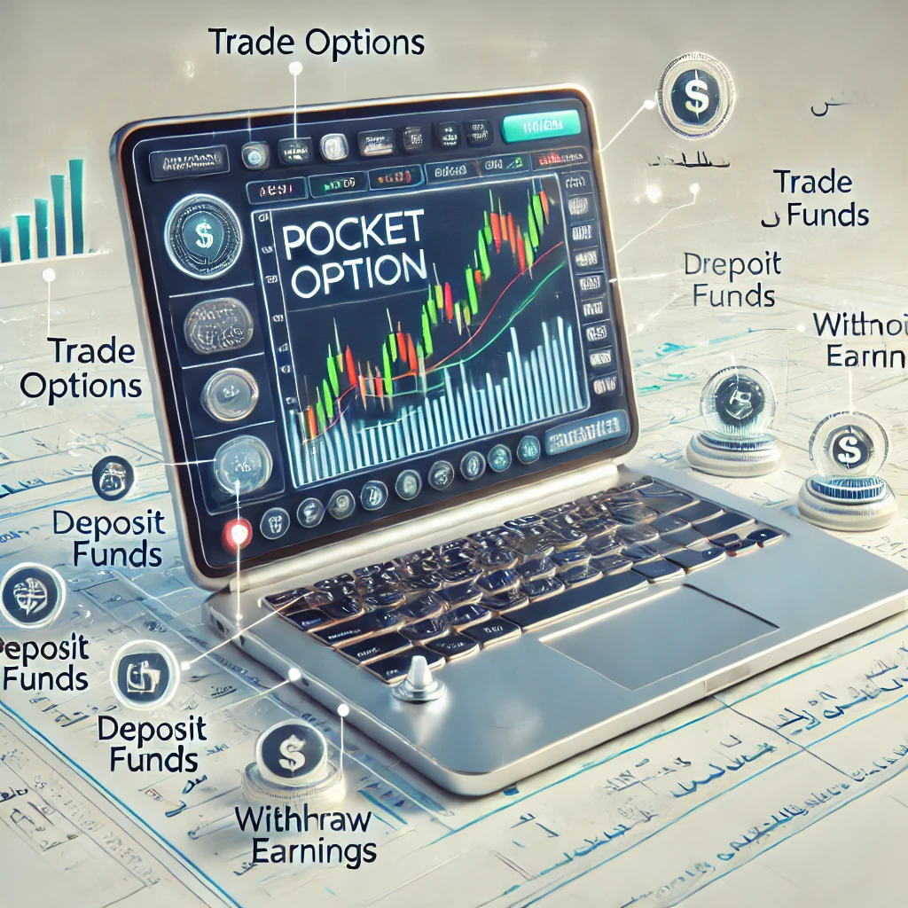 Dall E 2024 12 08 01.34.50 A Detailed Digital Illustration Showing An Explanation Of The Pocket Option Trading Platform. The Image Features A Large Laptop Screen Displaying The