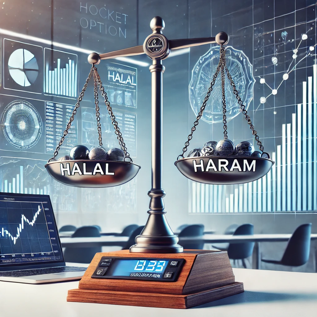 Dall E 2024 12 08 01.57.42 A Conceptual Digital Illustration Symbolizing The Question Of Whether Trading On Pocket Option Is Halal Or Haram According To Islamic Principles. The