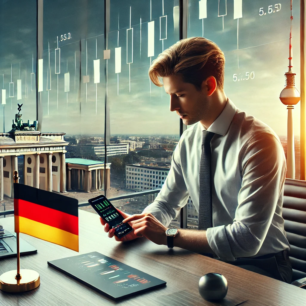 Dall E 2024 12 08 06.23.57 A German Trader Using The Pocket Option Trading App On A Smartphone While Seated At A Modern Minimalist Desk In A Sleek Contemporary Office Setting