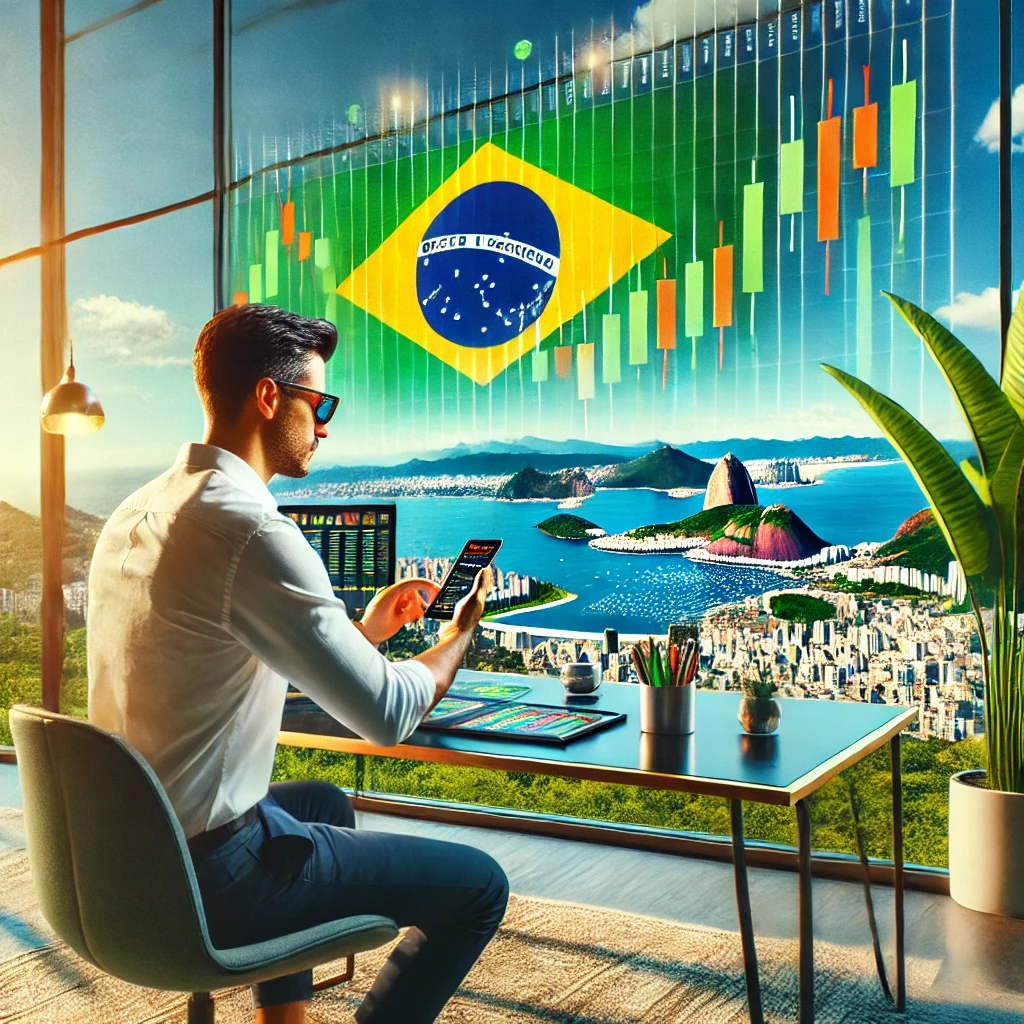 Dall E 2024 12 08 06.50.09 A Brazilian Trader Using The Pocket Option Trading App On A Smartphone While Seated At A Modern Stylish Desk In A Vibrant Tropical Inspired Office S